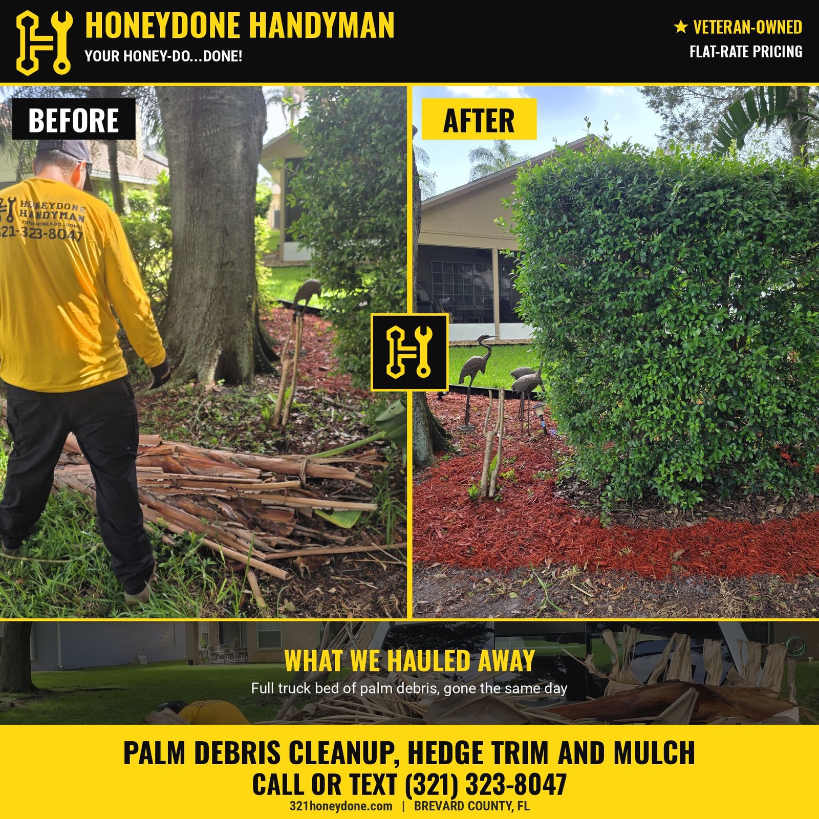 Palm debris cleanup and hedge trim in Suntree, FL