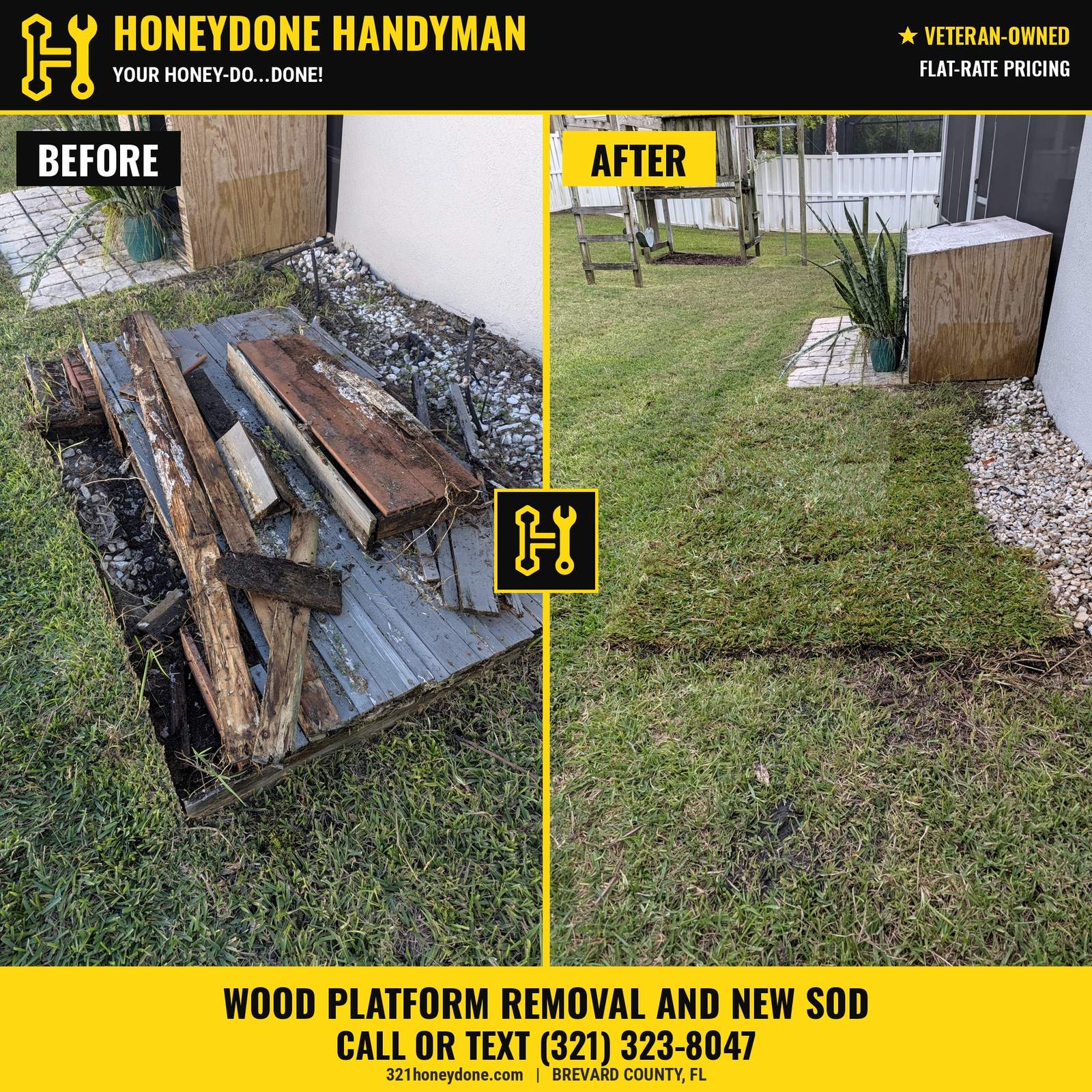 Old wood platform removed and new sod laid in Viera, FL